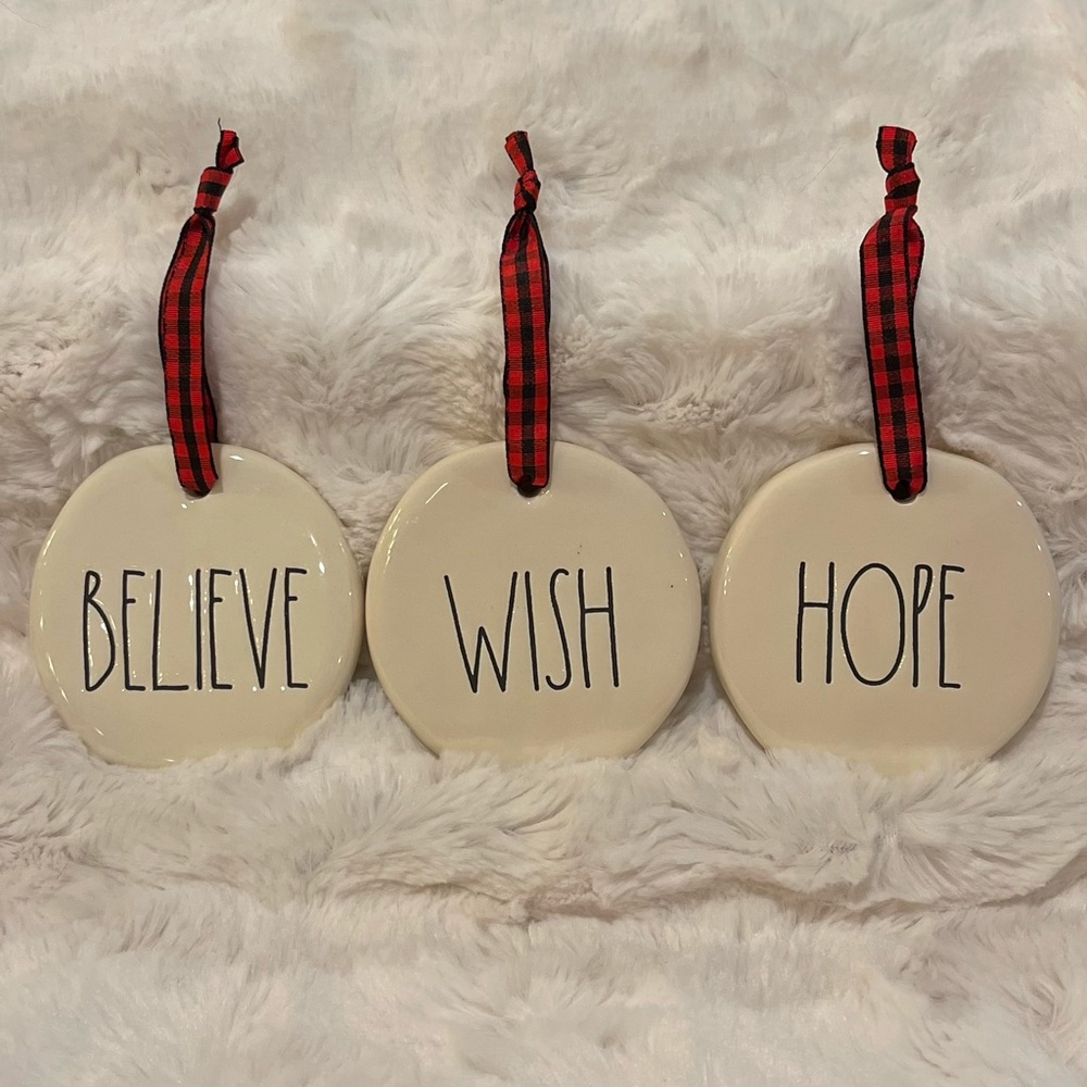 RAE DUNN by Magenta "BELIEVE, WISH, HOPE” Christmas Ornament Set of 3